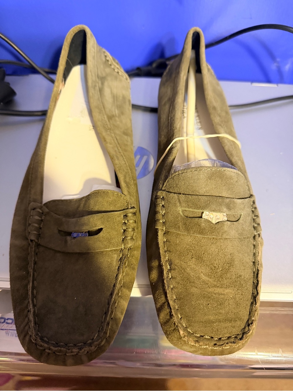 New Anne Klein Suede Penny Loafers in Olive Green